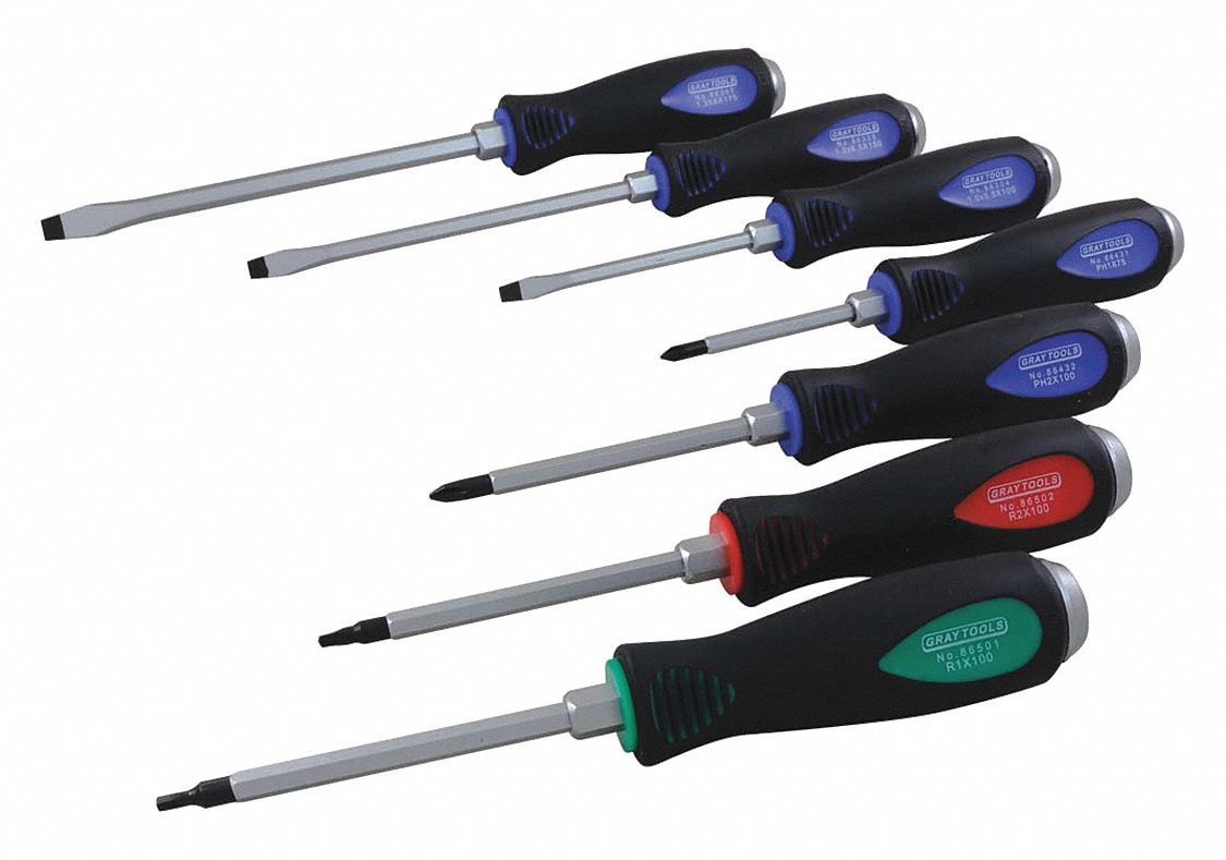 SCREWDRIVER SET, 7 PIECE, COMFORT GRIP HANDLES, 7 1/4-11 1/4 IN L, S2 INDUSTRIAL STEEL