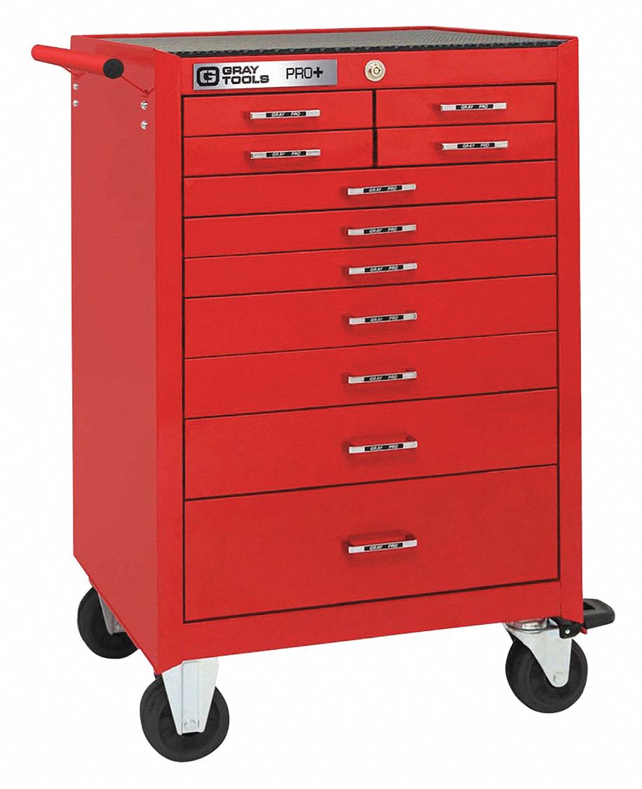 PRO+ SERIES ROLLER CABINET, 11 DRAWERS, LD CAP 100 LB, RED, 26 X 19 IN, STEEL