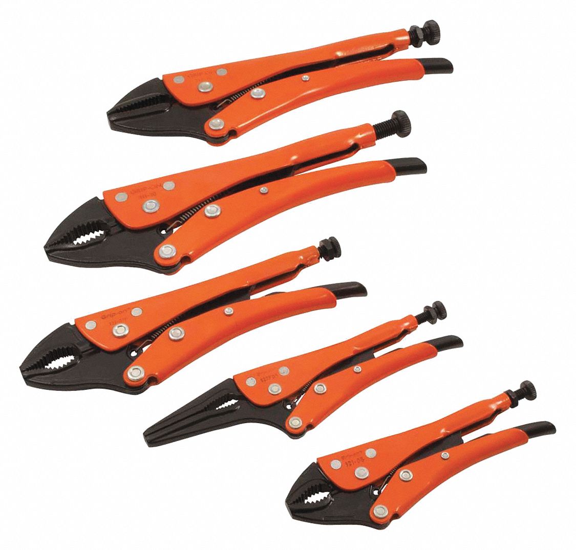 LOCKING PLIERS SET, STRAIGHT 10 IN, CURVED 10 IN/7 IN/5 IN, LONG NOSE 6 IN, ALUMINUM, 5 PIECES
