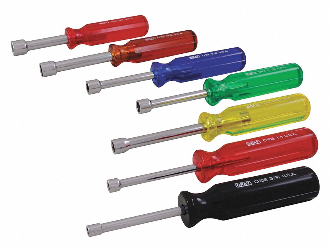 NUT DRIVER SET, BLACK/BLUE, BROWN, GREEN/RED/YELLOW ACETATE HANDLE, MULTIPLE TIP SIZES, SAE, 6⅝ IN/7 IN L