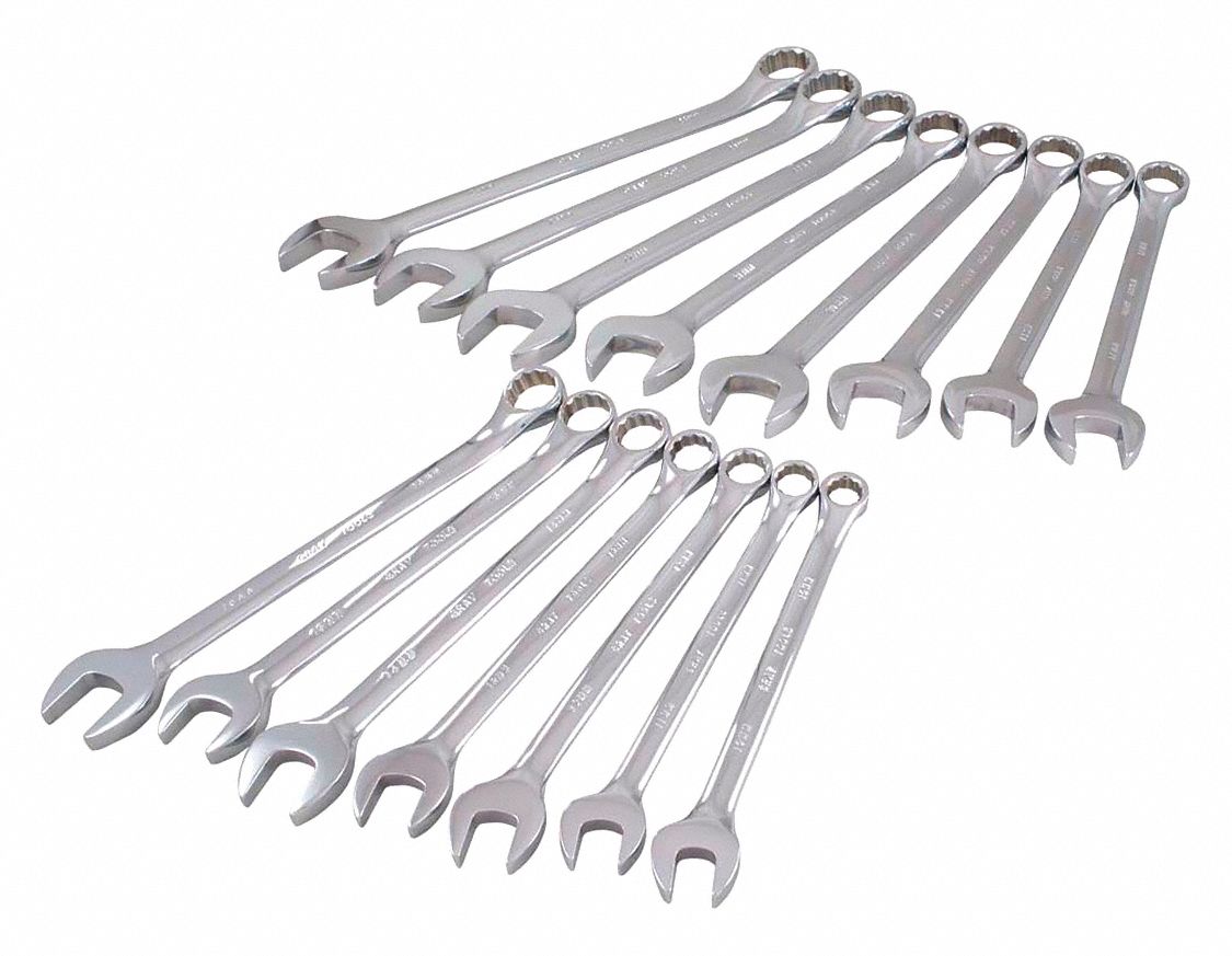 COMBINATION WRENCH SET, METRIC, 12 PT, CHROME, 15 PIECE SET, CASE