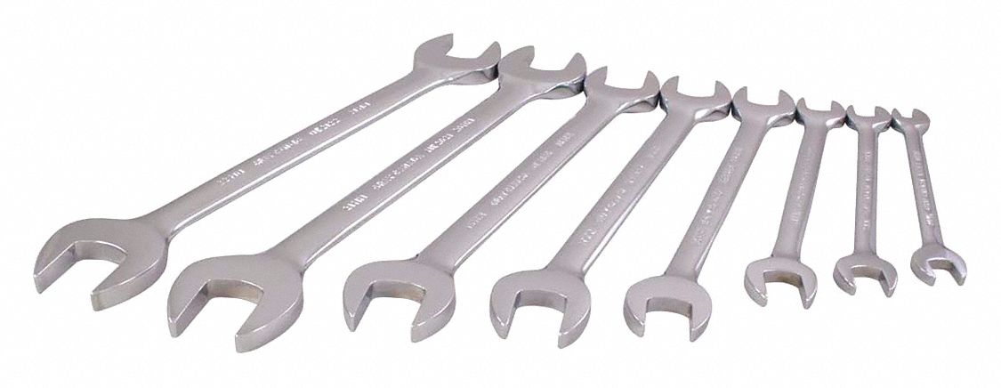 OPEN END WRENCH SET, STEEL, METRIC, MIRROR CHROME FINISH, NOT INSULATED, CORROSION-RESISTANT, OPEN END