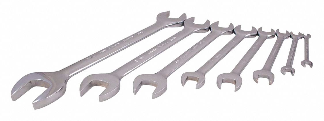 OPEN END WRENCH SET, ALLOY STEEL, SILVER 1-PIECE HANDLE, SAE, CHROME, CORROSION-RESISTANT, 15 °  HEAD OFFSET, L, 3.7 LB