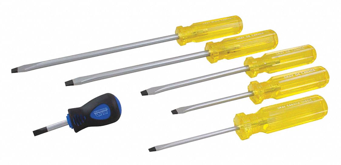 SCREWDRIVER SET, 6 PIECE, SLOTTED, 3 1/2-14 1/2 IN OVERALL L, ACETATE/S2 INDUSTRIAL STEEL