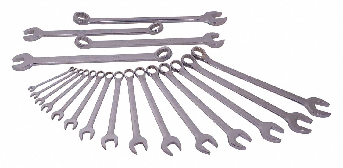 COMBINATION WRENCH SET, STEEL, SAE, MIRROR CHROME, SATIN FINISH, NOT INSULATED, CORROSION-RESISTANT
