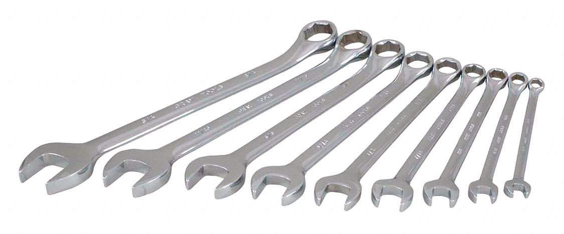 COMBINATION WRENCH SET, STEEL, VARIOUS HEADS INCLUDED, SAE, CORROSION-RESIST, 9 PIECE SET