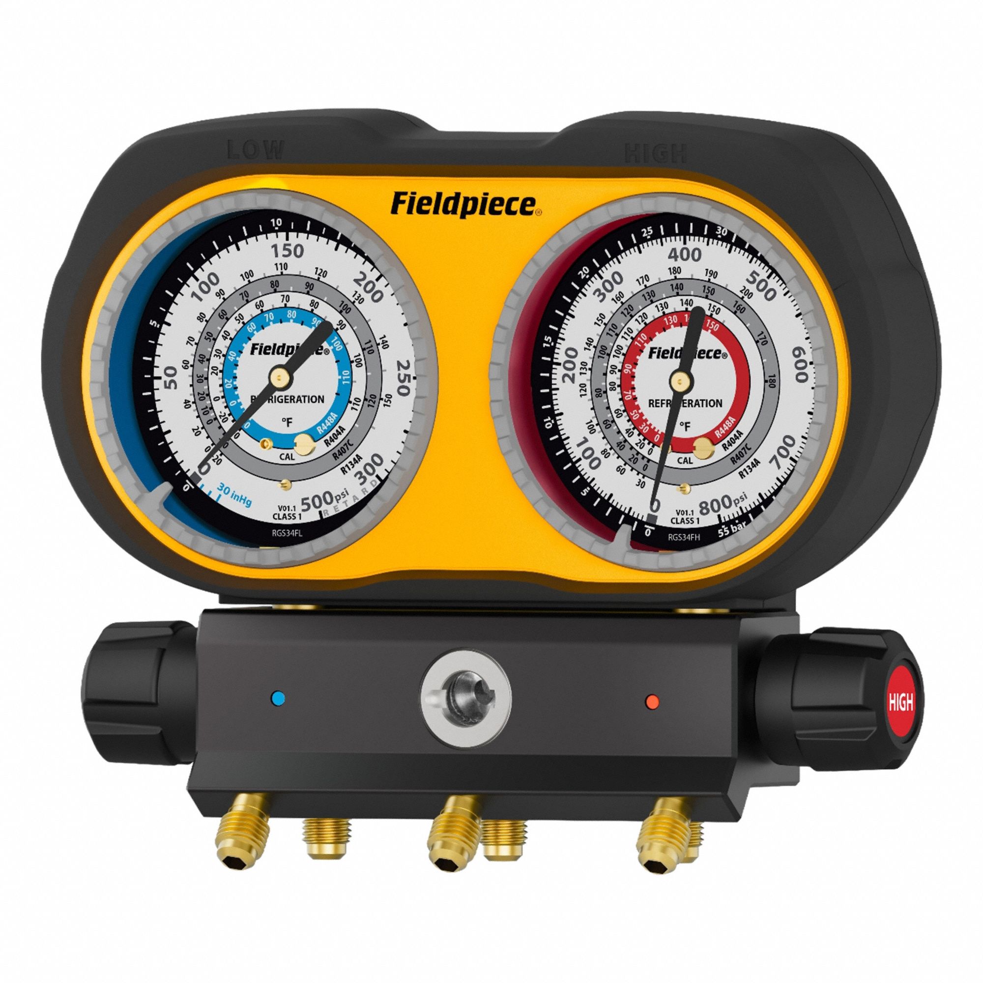 FIELDPIECE Analog Gauge: 3 Valves, 0 Hoses, Series GS, 3 in Gauge, For R-134A/R-404A/R-407C/R-448A (MPN GS334F). Key specifications — Hose Connection Type: Ball Valve; Product Type: Manifold Gauge Set; For Refrigerant Type: R-404A; Brand: FIELDPIECE; Includes: GS334F 3-Port Manifold; Gauge Boots: No; Sight Glass: Yes.