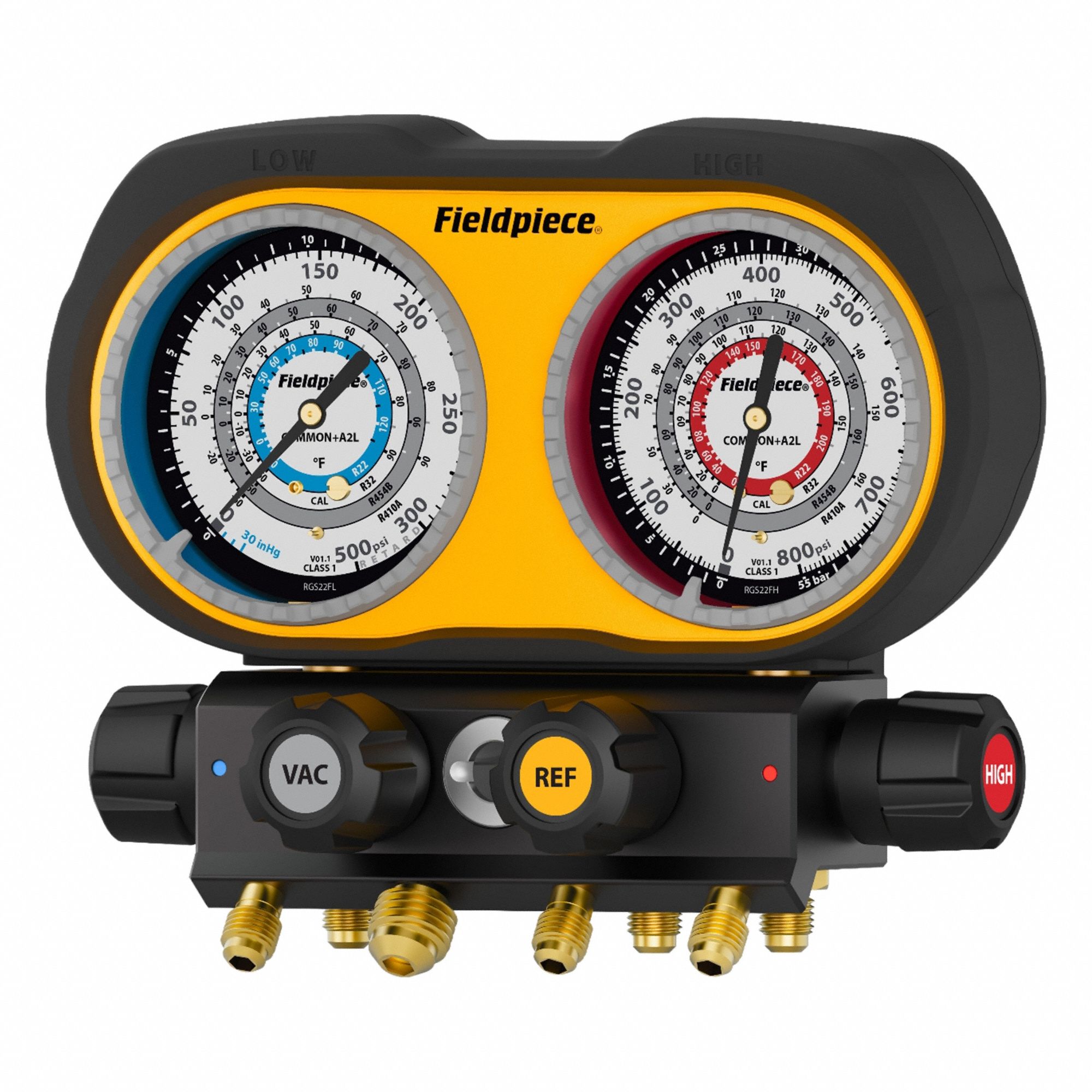 FIELDPIECE Analog Gauge: 4 Valves, 0 Hoses, Series GS, 3 in Gauge, For R-22/R-32/R-410A/R-454B (MPN GS422F). Key specifications — Hose Connection Type: Ball Valve; Product Type: Manifold Gauge Set; For Refrigerant Type: R-454B; Brand: FIELDPIECE; Includes: (1) Operator’s Manual; Gauge Boots: No; Sight Glass: Yes.