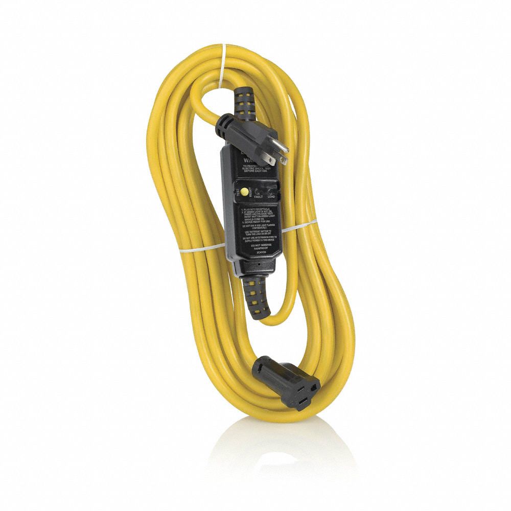 LEVITON GFCI: Auto Reset, 25 ft Lg, 14/3, 5-15P Plug, 15 A Current, 120V AC, 5-15R, Black, SJTW (MPN GSCA1-25C). Key specifications — NEMA Plug Configuration: 5-15P; NEMA Receptacle Configuration: 5-15R; Brand: LEVITON; Voltage: 120V AC.