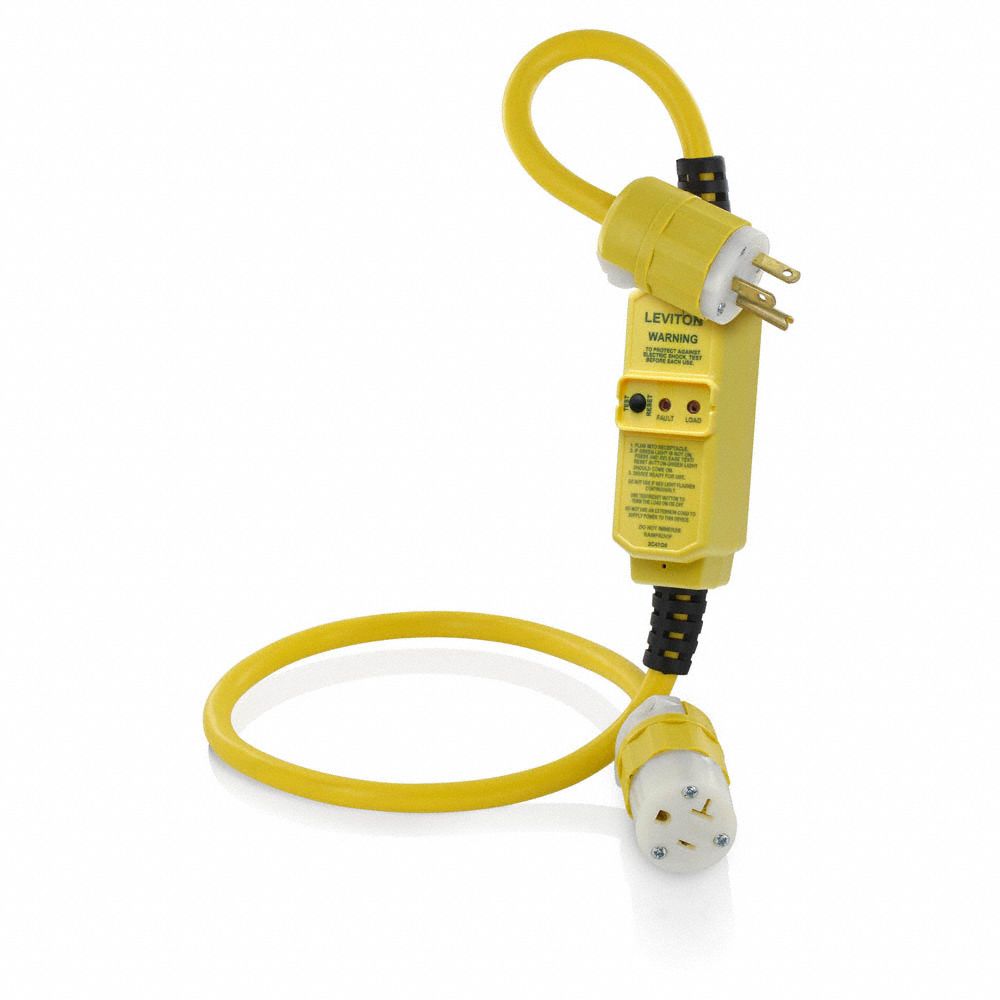 LEVITON GFCI: Manual Reset, 3 ft Lg, 12/3, 5-20P Plug, 20 A Current, 120V AC, 5-20R, Yellow, SJTW (MPN GSCM2-3C). Key specifications — NEMA Plug Configuration: 5-20P; NEMA Receptacle Configuration: 5-20R; Brand: LEVITON; Voltage: 120V AC.