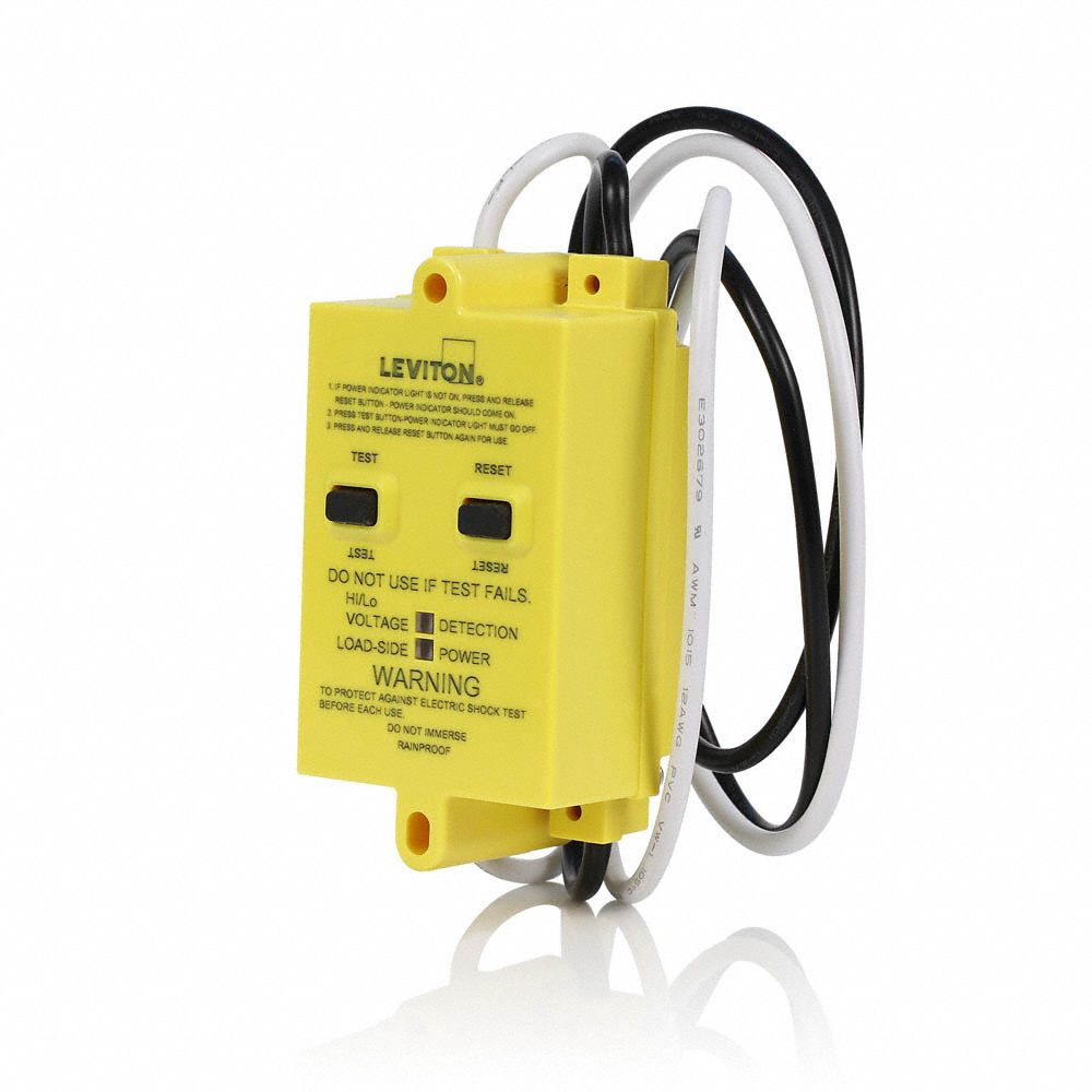 LEVITON Hard Wired GFCI: Auto Reset, 20 A Current, 120V AC, Non-NEMA, Yellow (MPN GSPA2-Y). Key specifications — NEMA Receptacle Configuration: Non-NEMA; Brand: LEVITON; Voltage: 120V AC.