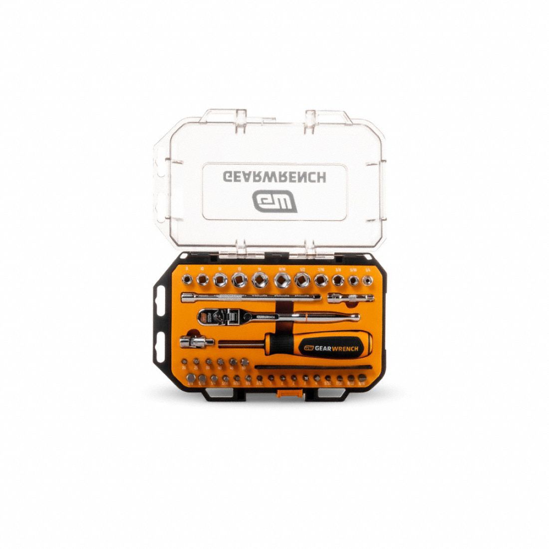 GEARWRENCH Socket Set: 1/4 in Drive, 39 Piece, 6-Point, SAE/Metric, 9/16 in to 1/4 in (MPN GWMBS39XPS). Key specifications — attr1224269: 1/4 in; attr1204650: 9/16 in to 1/4 in; attr1204673: Socket Bits Included; attr1204688: GEARWRENCH; attr1224354: No Thin Wall.