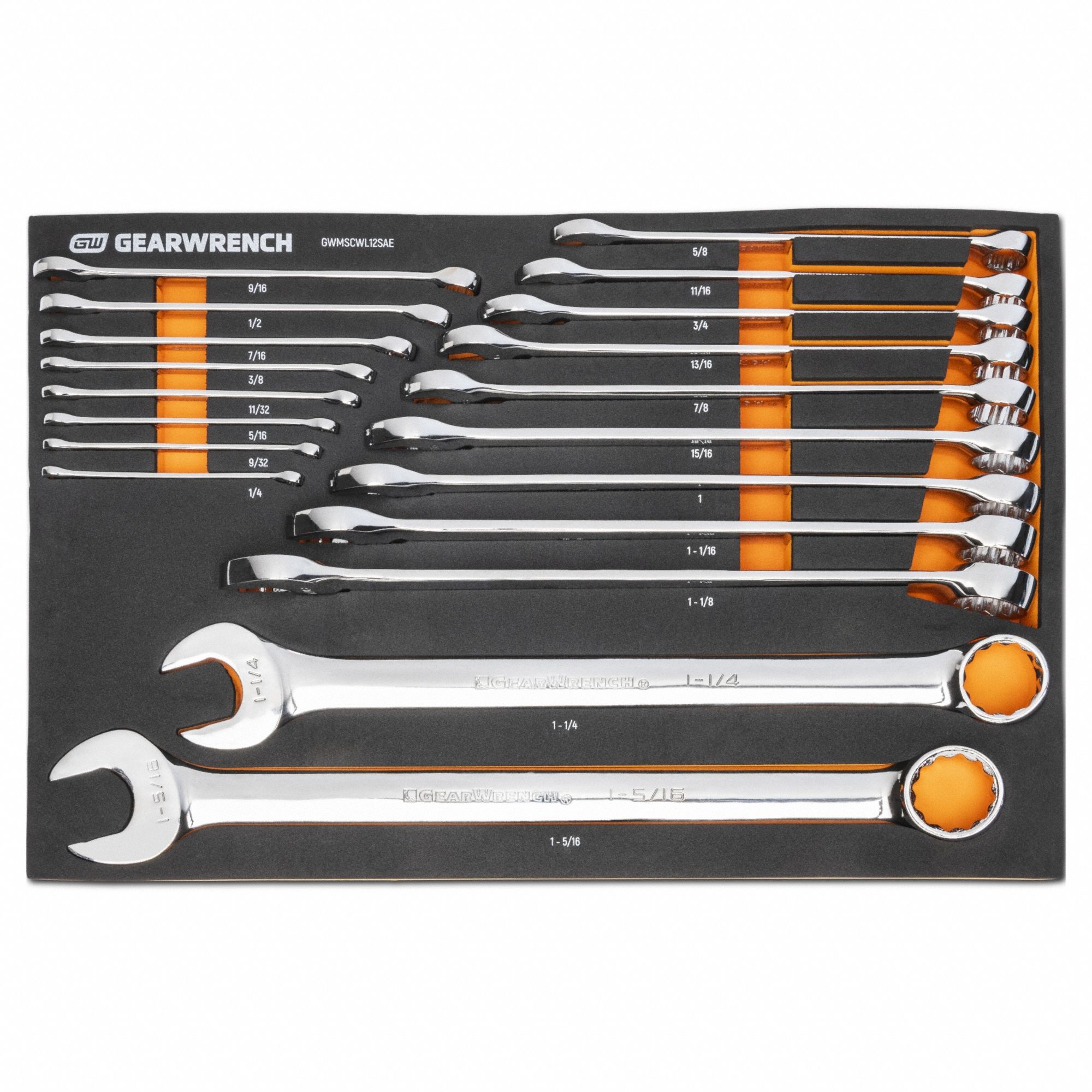 GEARWRENCH Combination Wrench Set: Alloy Steel, Full Polish Chrome, 19 Tools, 15° Head Offset Angle (MPN GWMSCWL12SAE). Key specifications — attr309520: Full Polish Chrome; attr309519: Alloy Steel; attr309509: 1/4 to 1-5/16 in; attr324929: GEARWRENCH; attr309512: Tray; attr309522: No.