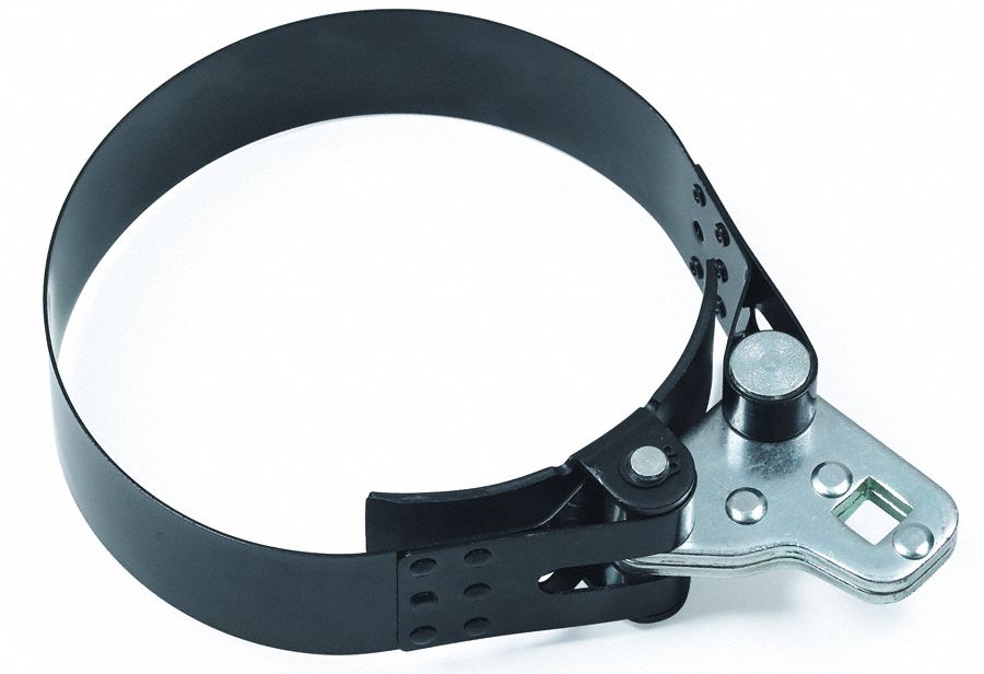 Oil Filter Wrench: Steel Strap, 1 1/2 in Strap Wd, 1/2 in Drive Size
