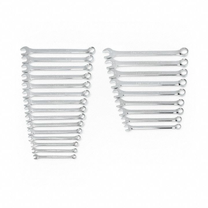 GEARWRENCH Combination Ratcheting Wrench Set: Alloy Steel, Full Polish Chrome, 24 Tools, Std (MPN 81900). Key specifications — attr309520: Full Polish Chrome; attr309519: Alloy Steel; attr309509: 1/2 in to 1 in; attr324929: GEARWRENCH; attr309522: No; attr309533: Yes.