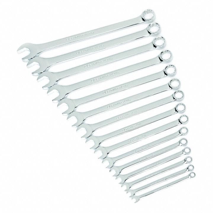 GEARWRENCH Combination Ratcheting Wrench Set: Alloy Steel, Full Polish Chrome, 15 Tools, Std (MPN 81901). Key specifications — attr309581: Full Polish Chrome; attr309580: Alloy Steel; attr309571: No; attr309583: No; attr309587: Yes; attr324931: GEARWRENCH; attr309569: 1/4 in to 1 in.