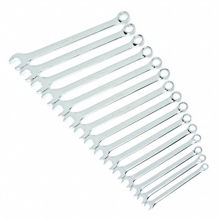 GEARWRENCH Combination Wrench Set: Alloy Steel, Full Polish Chrome, 15 Tools, Std (MPN 81902). Key specifications — attr309520: Full Polish Chrome; attr309519: Alloy Steel; attr324929: GEARWRENCH; attr309522: No; attr309533: Yes.