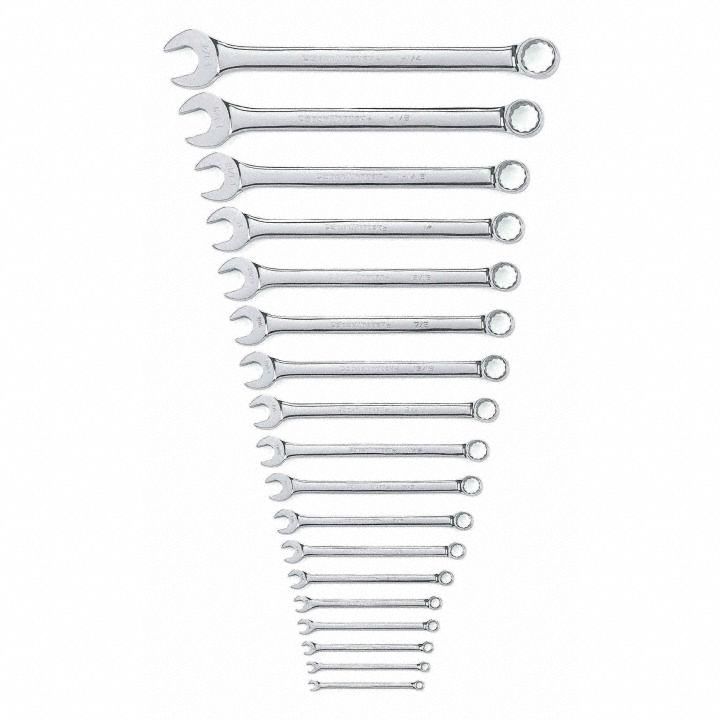 GEARWRENCH Combination Wrench Set: Alloy Steel, Full Polish Chrome, 18 Tools, Std (MPN 81917). Key specifications — attr309520: Full Polish Chrome; attr309519: Alloy Steel; attr324929: GEARWRENCH; attr309522: No; attr309533: Yes.
