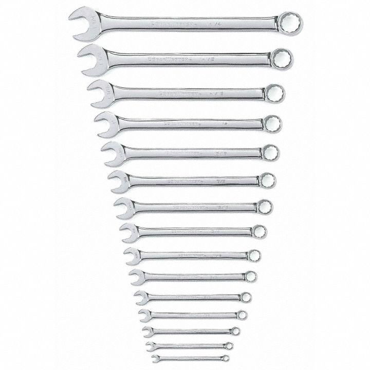 GEARWRENCH Combination Wrench Set: Alloy Steel, Full Polish Chrome, 15 Tools, Std, 12-Point Box End (MPN 81918). Key specifications — attr309520: Full Polish Chrome; attr309519: Alloy Steel; attr324929: GEARWRENCH; attr309522: No; attr309533: Yes.