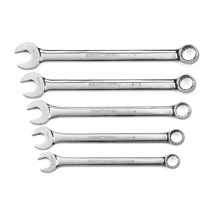 GEARWRENCH Combination Wrench Set: Alloy Steel, Full Polish Chrome, 5 Tools, Std (MPN 81921). Key specifications — attr309520: Full Polish Chrome; attr309519: Alloy Steel; attr324929: GEARWRENCH; attr309522: No; attr309533: Yes.