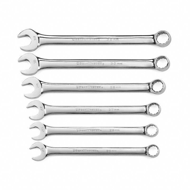 GEARWRENCH Combination Wrench Set: Alloy Steel, Full Polish Chrome, 6 Tools, Std (MPN 81922). Key specifications — attr309520: Full Polish Chrome; attr309519: Alloy Steel; attr324929: GEARWRENCH; attr309522: No; attr309533: Yes.
