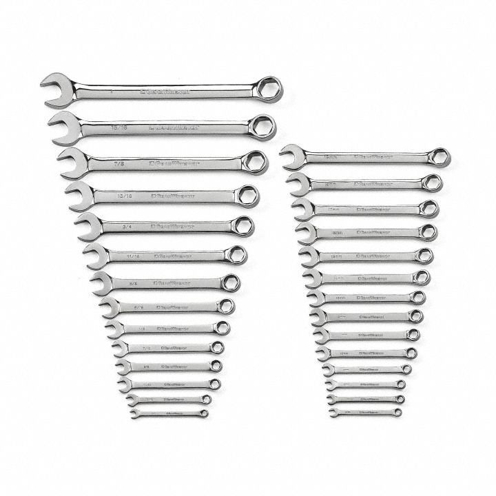 GEARWRENCH Combination Wrench Set: Alloy Steel, Chrome, 28 Tools, 15° Head Offset Angle, Offset (MPN 81923). Key specifications — attr309520: Chrome; attr309519: Alloy Steel; attr324929: GEARWRENCH; attr309522: No; attr309533: Yes.