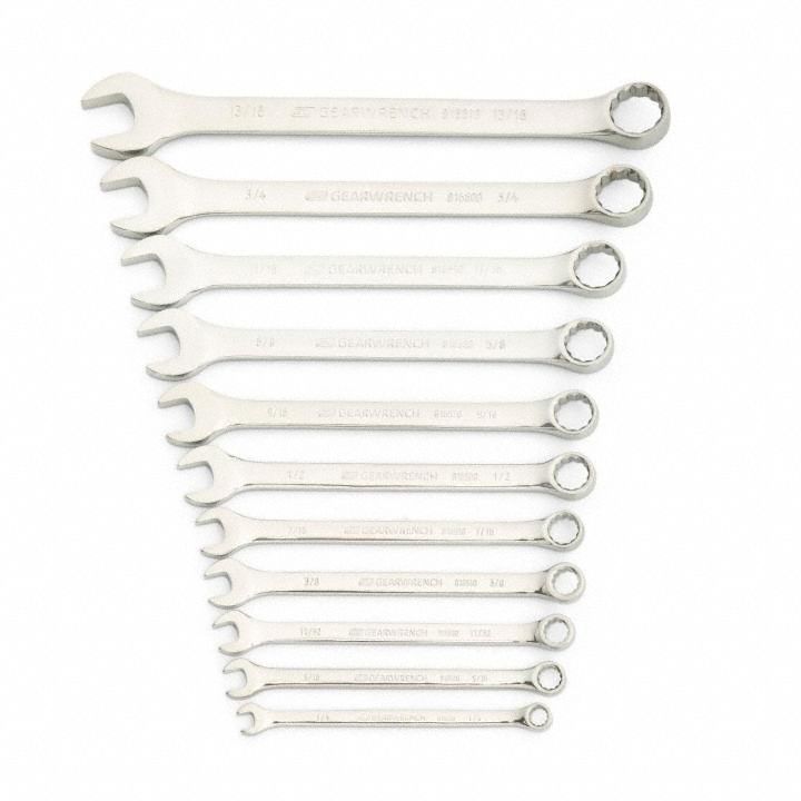 GEARWRENCH Combination Wrench Set: Alloy Steel, Full Polish Chrome, 11 Tools, Std (MPN 81934). Key specifications — attr309520: Full Polish Chrome; attr309519: Alloy Steel; attr324929: GEARWRENCH; attr309522: No; attr309533: Yes.