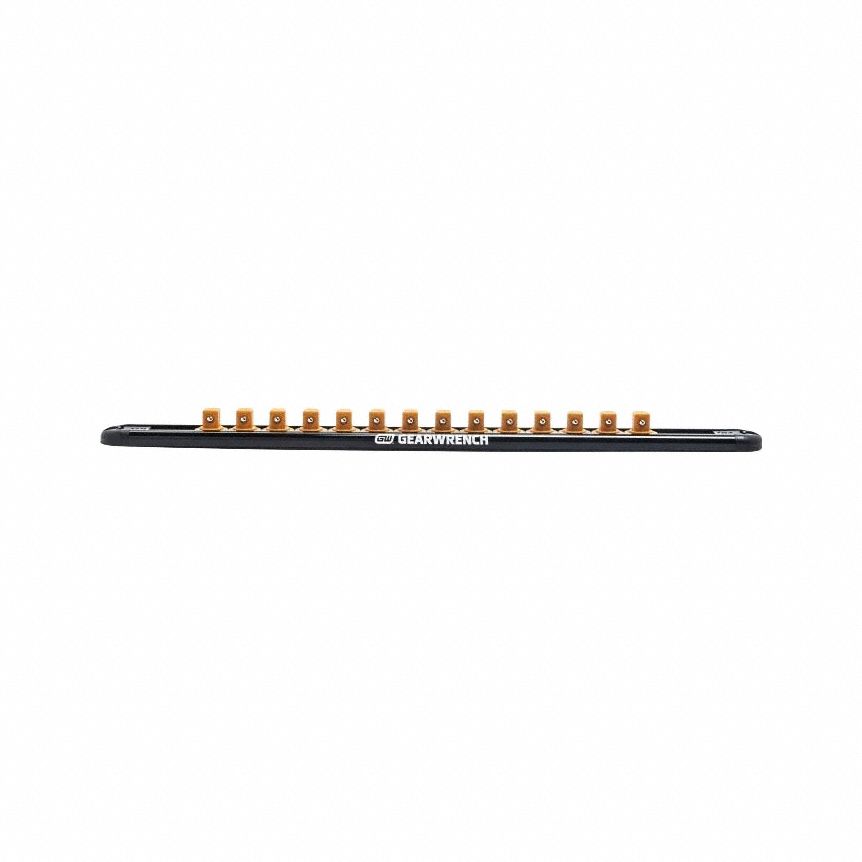 GEARWRENCH Tool Organizers: 1 1/8 in Overall Wd, 14 Posts/Slots, Aluminum, Sockets (MPN 83127). Key specifications — attr1125333: (14) Socket Organizer Clips; attr1125348: Aluminum; attr1125346: GEARWRENCH; attr1136588: Sockets; attr1125364: Socket Rail.