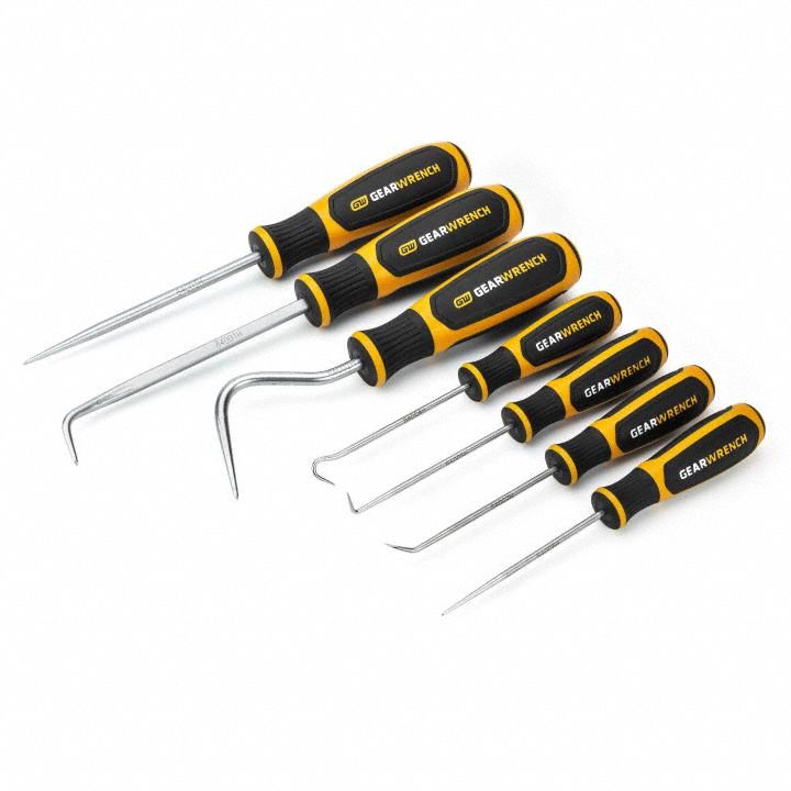 GEARWRENCH Hook/Pick Set: Steel, Hook, Hook Tip (MPN 84000H). Key specifications — attr1004944: GEARWRENCH; attr1016102: Steel; attr1016110: Plastic; attr1016098: Hook/Pick Set; attr1016101: Hook; attr1016108: Ergonomic; attr1034911: Steel.