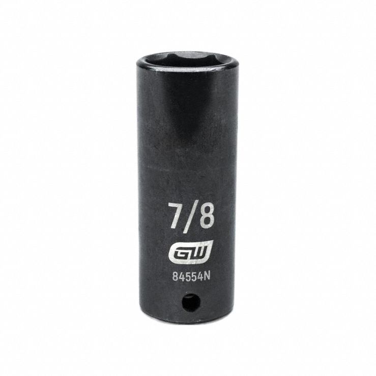 GEARWRENCH General Purpose Impact Sockets: 1/2 in Drive Size, SAE, 7/8 in Socket Size, 6-Point, Deep (MPN 84554N). Key specifications — attr1215501: GEARWRENCH; attr1215515: Black Oxide; attr1215518: 7/8 in.