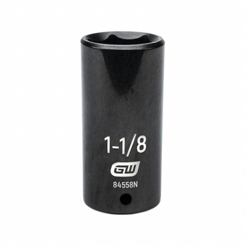 GEARWRENCH General Purpose Impact Sockets: 1/2 in Drive Size, SAE, 1 1/8 in Socket Size, 6-Point (MPN 84558N). Key specifications — attr1215501: GEARWRENCH; attr1215515: Black Oxide; attr1215518: 1-1/8 in.