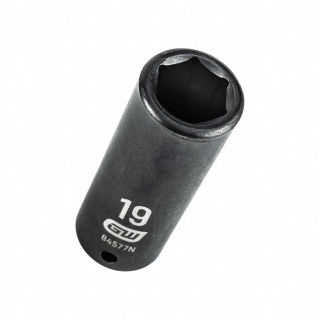 GEARWRENCH General Purpose Impact Sockets: 1/2 in Drive Size, Metric, 19 mm Socket Size, 6-Point (MPN 84577N). Key specifications — attr1215501: GEARWRENCH; attr1215515: Black Oxide; attr1215518: 19 mm.