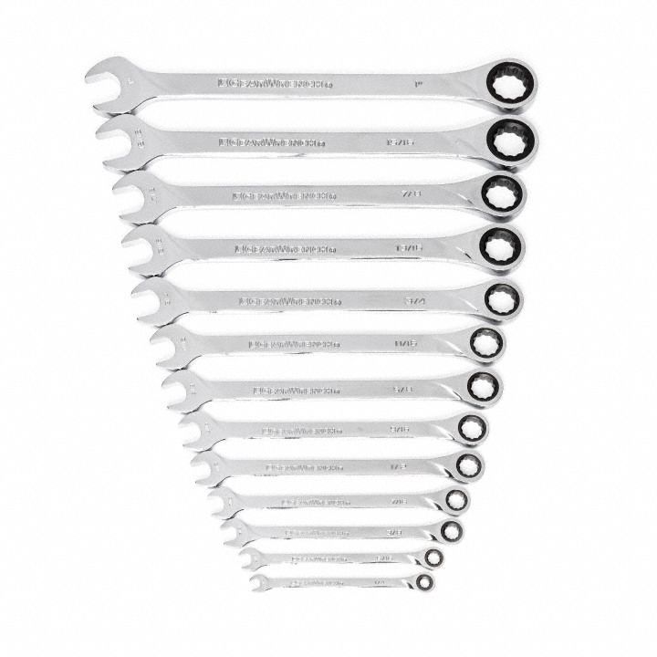 GEARWRENCH Combination Ratcheting Wrench Set: Alloy Steel, Full Polish Chrome, 13 Tools, Std (MPN 85199). Key specifications — attr309581: Full Polish Chrome; attr309580: Alloy Steel; attr309571: No; attr309583: No; attr309587: Yes; attr324931: GEARWRENCH.