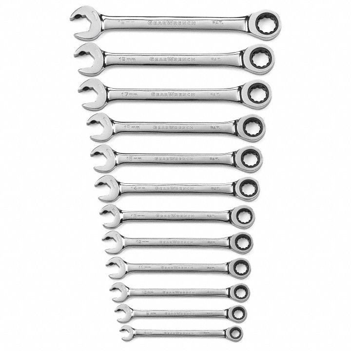 GEARWRENCH Combination Ratcheting Wrench Set: Alloy Steel, Satin, 8 mm to 19 mm Range of Head Sizes (MPN 85597). Key specifications — attr309581: Satin; attr309580: Alloy Steel; attr309571: No; attr309583: No; attr309587: Yes; attr324931: GEARWRENCH; attr309569: 8 mm to 19 mm.