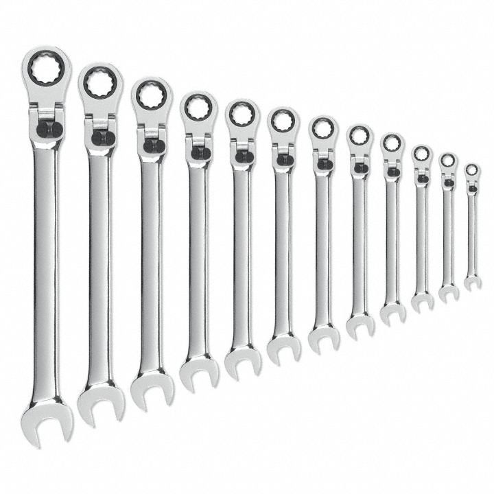 GEARWRENCH Combination Ratcheting Wrench Set: Alloy Steel, Full Polish Chrome, 12 Tools, Std, Metric (MPN 85698). Key specifications — attr309581: Full Polish Chrome; attr309580: Alloy Steel; attr309571: No; attr309583: No; attr309587: Yes; attr324931: GEARWRENCH.
