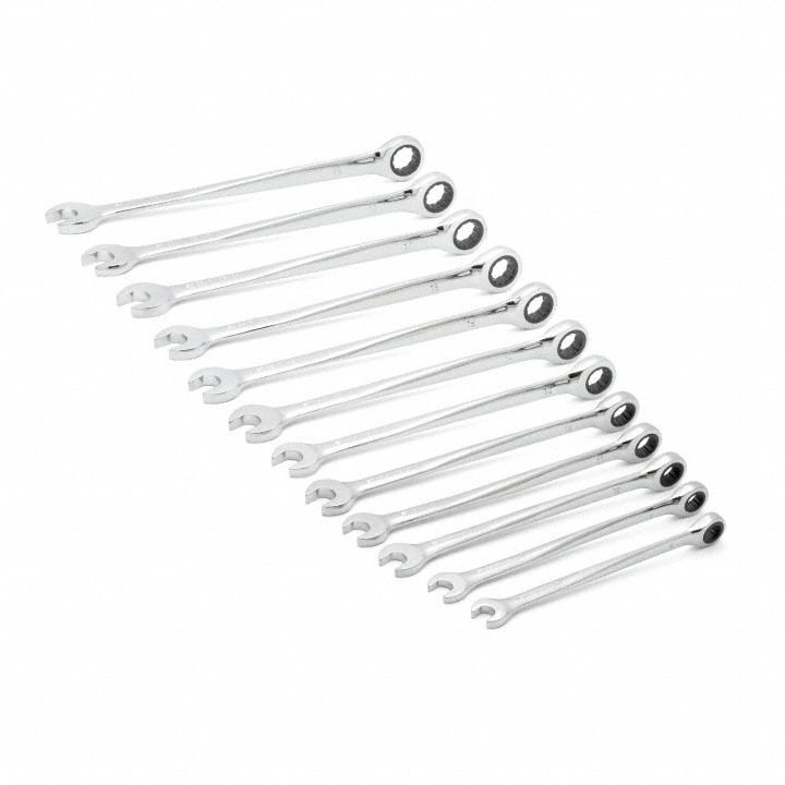 GEARWRENCH Combination Ratcheting Wrench Set: Alloy Steel, Full Polish Chrome, Std, 12-Point Box End (MPN 85888). Key specifications — attr309581: Full Polish Chrome; attr309580: Alloy Steel; attr309571: No; attr309583: No; attr309587: Yes; attr324931: GEARWRENCH.