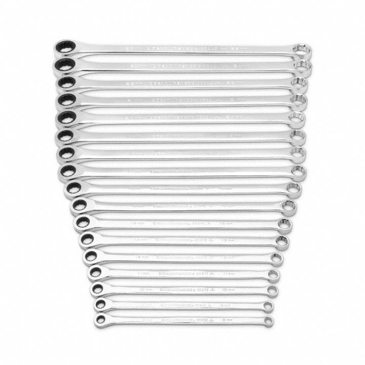 GEARWRENCH Box End Wrench Set: Alloy Steel, Chrome, 17 Tools, 8 mm to 25 mm Range of Head Sizes (MPN 85989). Key specifications — attr324927: GEARWRENCH; attr309452: Tray; attr309451: No; attr309461: Chrome; attr309460: Alloy Steel; attr309463: No; attr309449: 8 mm to 25 mm.