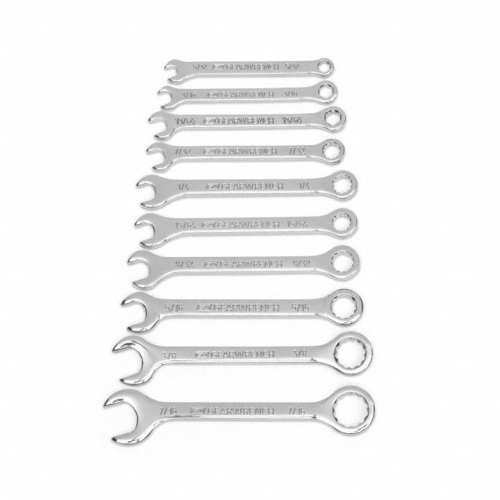 GEARWRENCH Combination Wrench Set: Alloy Steel, Full Polish Chrome, 10 Tools, 15° Head Offset Angle (MPN 86560). Key specifications — attr309520: Full Polish Chrome; attr309519: Alloy Steel; attr309509: 5/32 in to 7/16 in; attr324929: GEARWRENCH; attr309522: No; attr309533: Yes.
