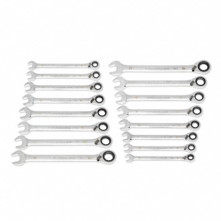 GEARWRENCH Combination Ratcheting Wrench Set: Alloy Steel, Full Polish Chrome, Std, Reversing (MPN 86629). Key specifications — attr309581: Full Polish Chrome; attr309580: Alloy Steel; attr309571: Yes; attr309583: No; attr309587: Yes; attr324931: GEARWRENCH; attr309569: 8 mm to 25 mm.