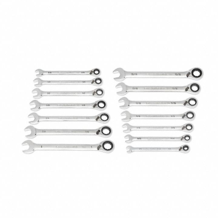 GEARWRENCH Combination Ratcheting Wrench Set: Alloy Steel, Full Polish Chrome, Std, Reversing (MPN 86660). Key specifications — attr309581: Full Polish Chrome; attr309580: Alloy Steel; attr309571: Yes; attr309583: No; attr309587: Yes; attr324931: GEARWRENCH; attr309569: 1/4 in to 1 in.