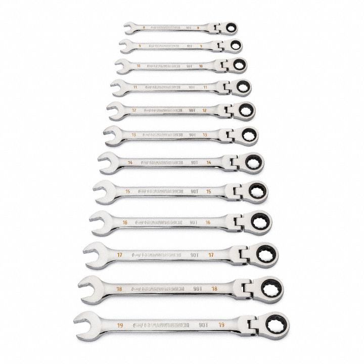 GEARWRENCH Combination Ratcheting Wrench Set: Alloy Steel, Full Polish Chrome, 12 Tools, Std, SAE (MPN 86727). Key specifications — attr309581: Full Polish Chrome; attr309580: Alloy Steel; attr309571: No; attr309583: No; attr309587: Yes; attr324931: GEARWRENCH; attr309569: 8 mm to 19 mm.