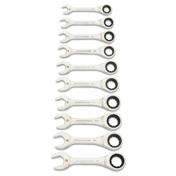GEARWRENCH Combination Wrench Set: Alloy Steel, Full Polish Chrome, 10 Tools, Std, 12-Point Box End (MPN 86850). Key specifications — attr309581: Full Polish Chrome; attr309580: Alloy Steel; attr309571: No; attr309583: No; attr309587: Yes; attr324931: GEARWRENCH; attr309569: 10 mm to 19 mm.