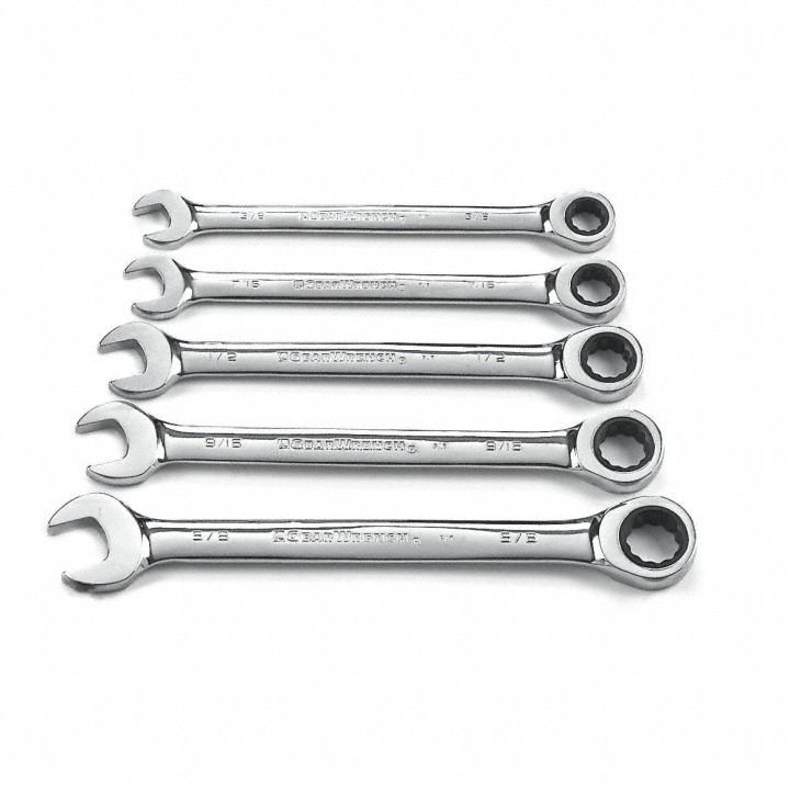 GEARWRENCH Combination Ratcheting Wrench Set: Alloy Steel, Full Polish Chrome, 5 Tools, Std (MPN 93005). Key specifications — attr309581: Full Polish Chrome; attr309580: Alloy Steel; attr309571: No; attr309583: No; attr309587: Yes; attr324931: GEARWRENCH.