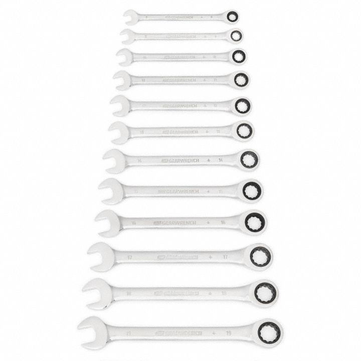 GEARWRENCH Combination Wrench Set: Alloy Steel, Chrome, 12 Tools, 8 mm to 19 mm Range of Head Sizes (MPN 9412). Key specifications — attr309581: Chrome; attr309580: Alloy Steel; attr309571: No; attr309583: No; attr309587: Yes; attr324931: GEARWRENCH; attr309569: 8 mm to 19 mm.
