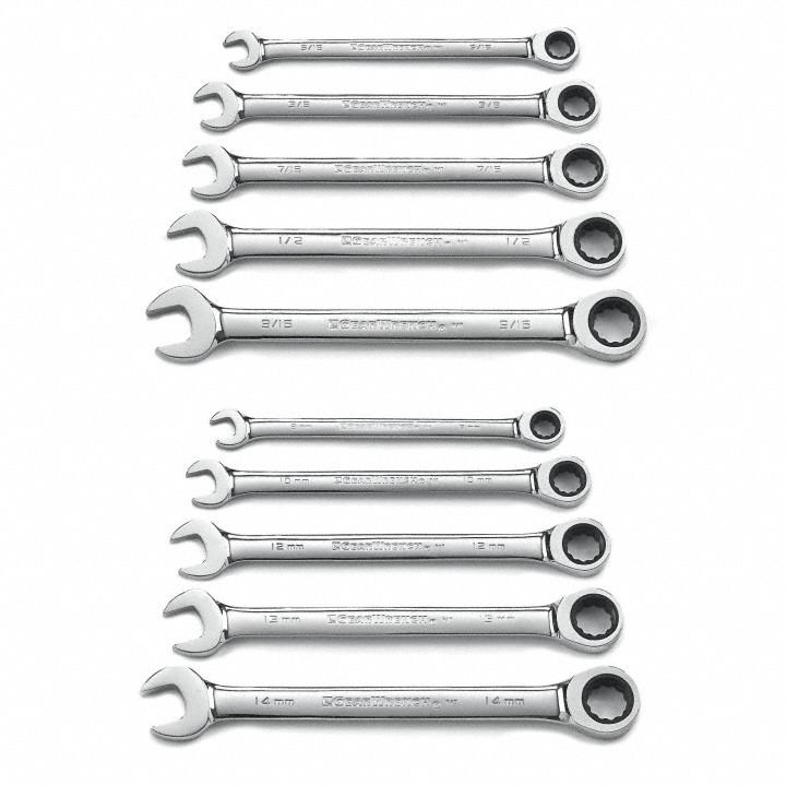 GEARWRENCH Combination Ratcheting Wrench Set: Alloy Steel, Full Polish Chrome, 10 Tools, Std, SAE (MPN 9418). Key specifications — attr309581: Full Polish Chrome; attr309580: Alloy Steel; attr309571: No; attr309583: No; attr309587: Yes; attr324931: GEARWRENCH.
