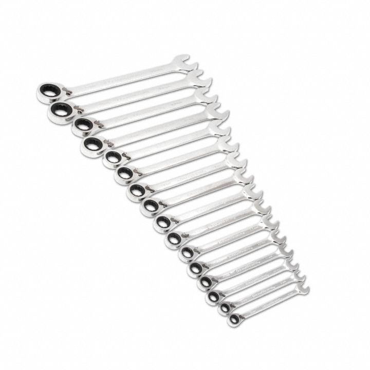 GEARWRENCH Combination Ratcheting Wrench Set: Alloy Steel, Full Polish Chrome, 16 Tools, Std, Metric (MPN 9602N). Key specifications — attr309581: Full Polish Chrome; attr309580: Alloy Steel; attr309571: No; attr309583: No; attr309587: Yes; attr324931: GEARWRENCH.