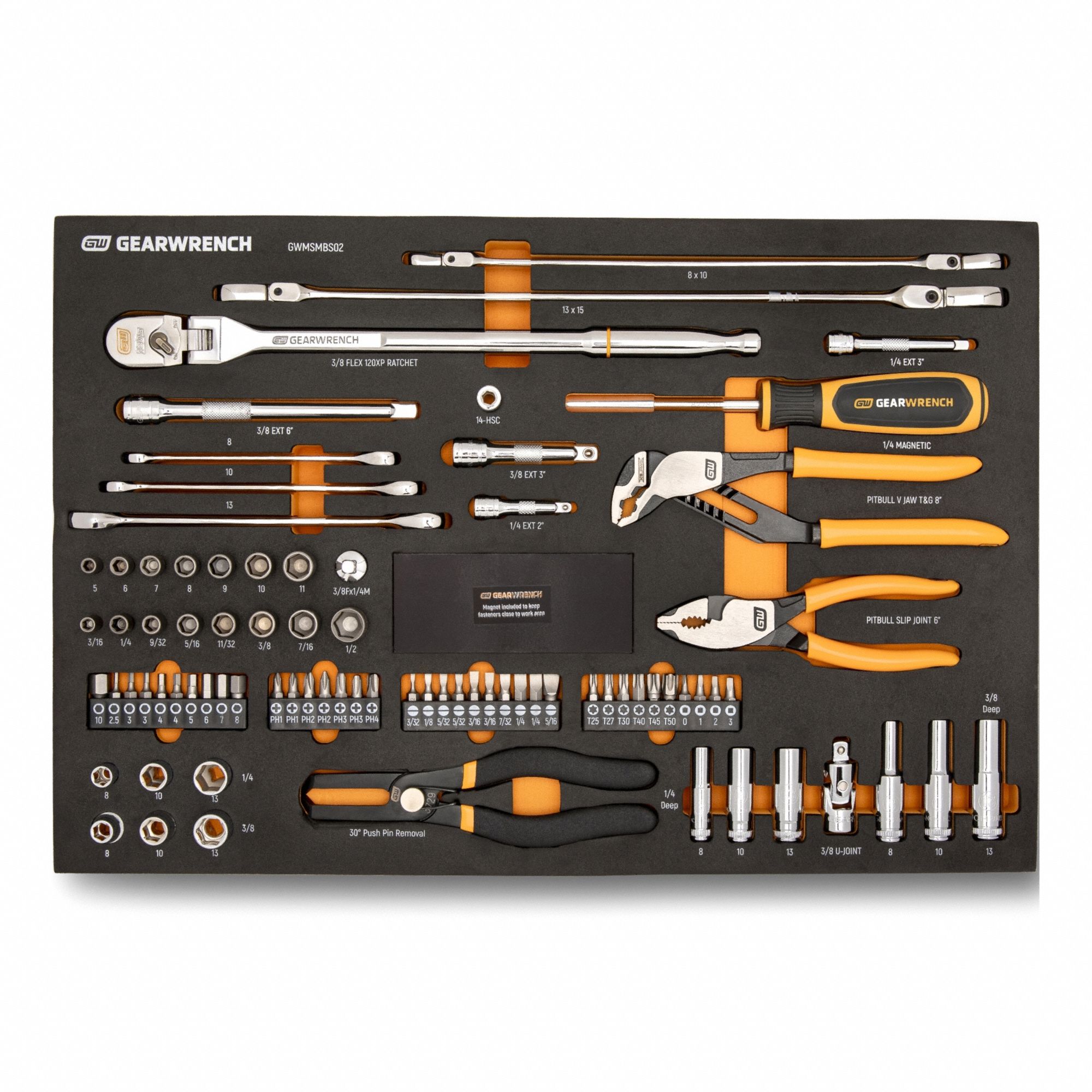 GEARWRENCH Socket Bit Set: 82 Total Pcs, Drivers and Bits/Pliers/Wrenches, Metric/SAE (MPN GWMSMBS02). Key specifications — attr538253: GEARWRENCH; attr548973: Push Pin Pliers; attr548974: 52; attr548975: 30; attr548983: Yes.