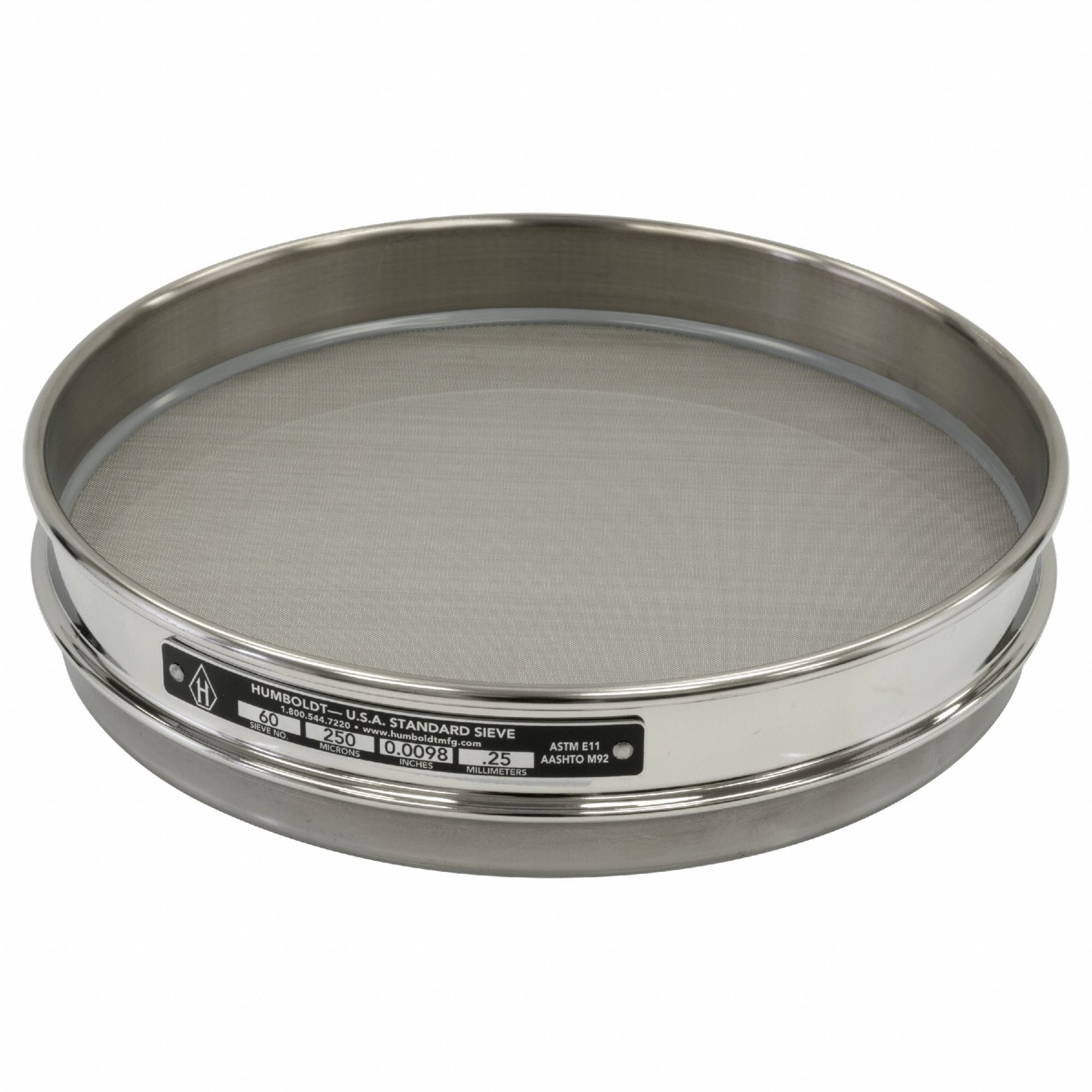 Standard Stainless Steel Cloth Test Sieve: Stainless Steel, 8 in Outside Dia, 1 in Ht