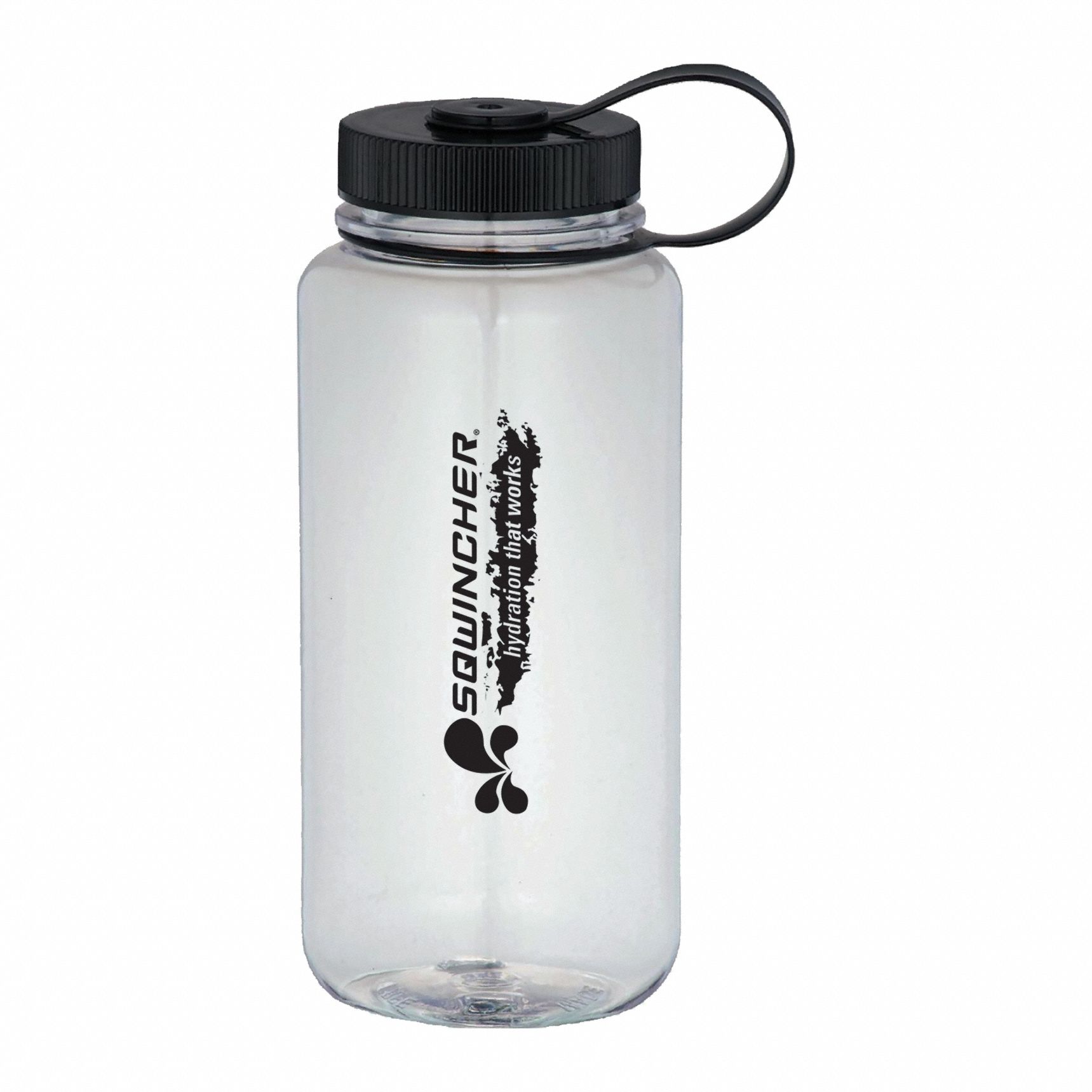 Water Bottle: 34 oz Capacity, Clear, Polycarbonate, BPA-Free, 7 7/8 in Overall Ht, Bottle