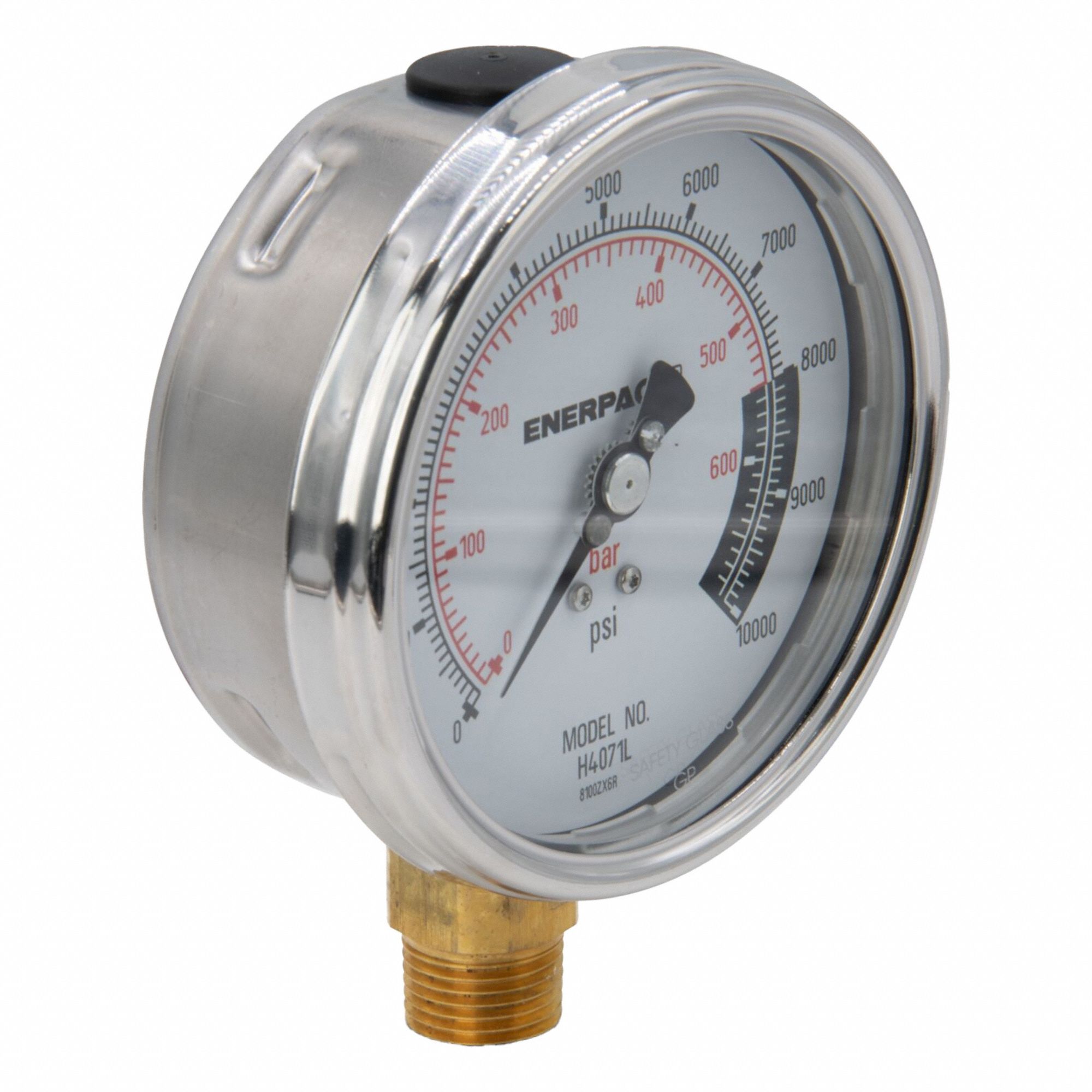HYDRAULIC CYLINDER PRESSURE GAUGE, 0 PSI TO 10,000 PSI, 4 IN DIAL, 1/2 IN NPTF MALE, BOTTOM